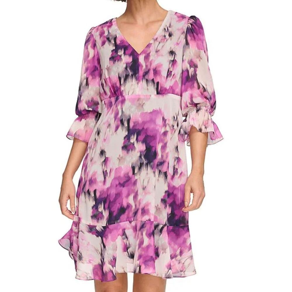 NWT! DKNY 3/4 Sleeve V-Neck Ruffle Hem Printed Chiffon Dress size 12P